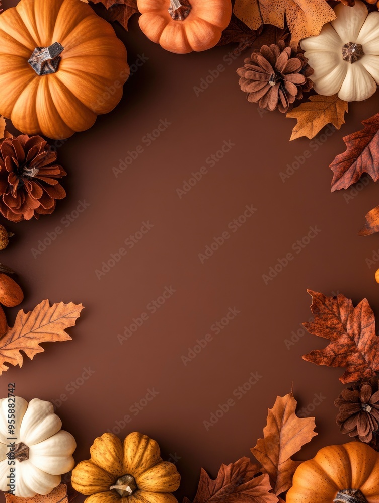 Obraz premium Happy Thanksgiving day concept. Vertical banner design with pumpkins, flowers, autumn decor on brown background. Flat lay, top view, copy space with generative ai
