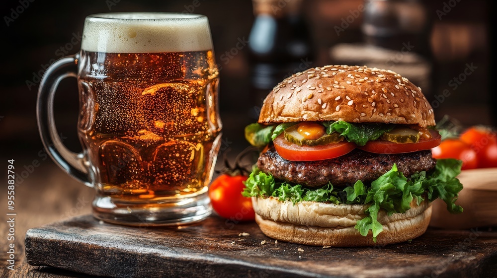 Beer mug and burger in cozy rustic cafe. Beer and burger background Beer mug and burger in cozy rustic cafe. Beer and burger background