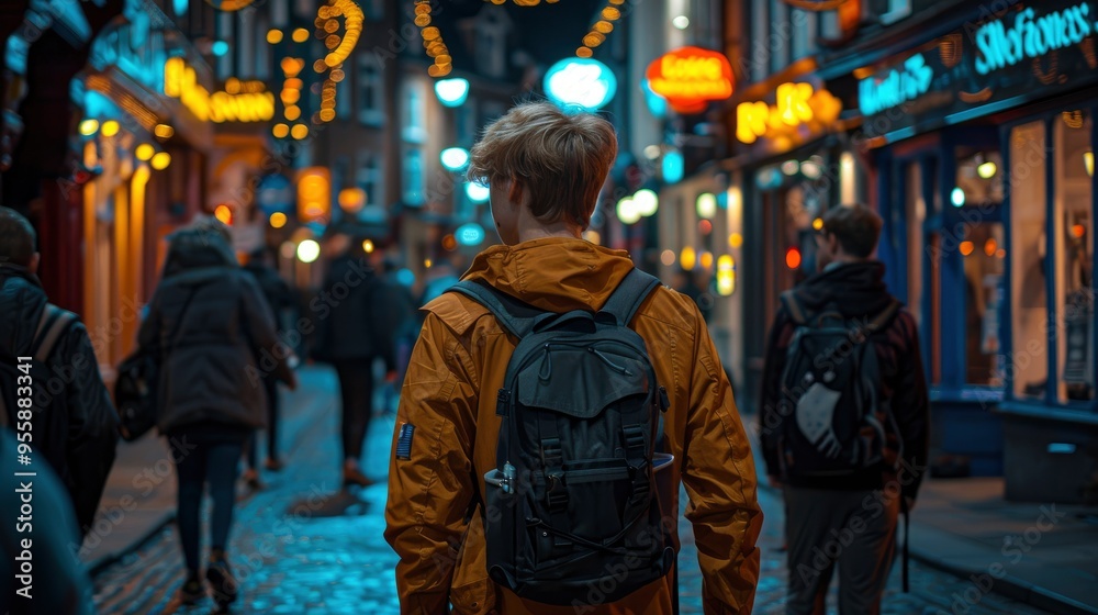 Young man walking down a city street at night Young man walking down a city street at night