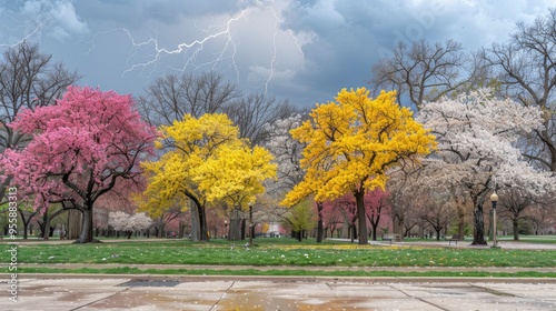 Colorful Spring Trees Under A Dramatic Sky