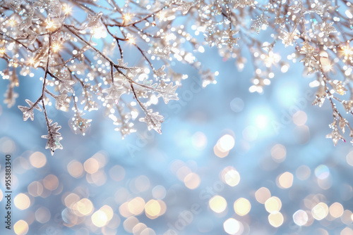 A tree branch covered in snow and stars