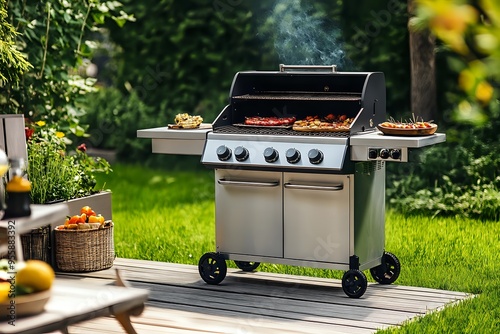 Outdoor Grill Cooking Food with Smoke on a Summer Day