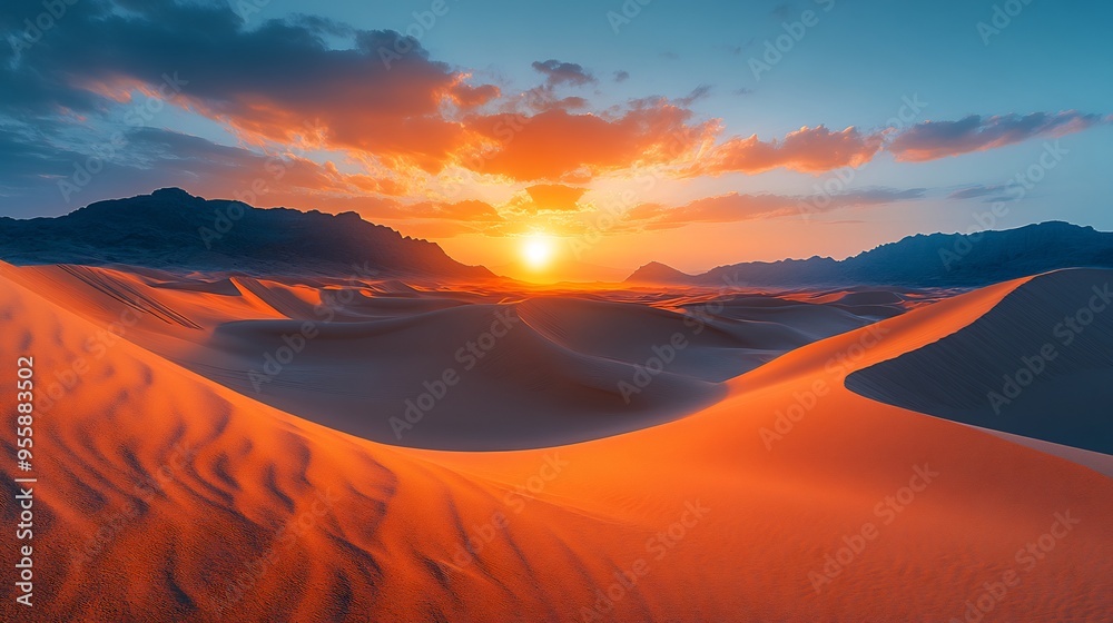 Sunrise over tranquil desert landscape with dunes and a sky filled with warm colors Sunrise over tranquil desert landscape with dunes and a sky filled with warm colors