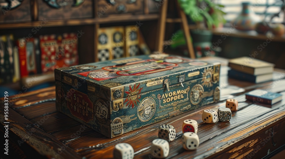 Obraz premium Vintage Board Game Box and Dice on Wooden Table