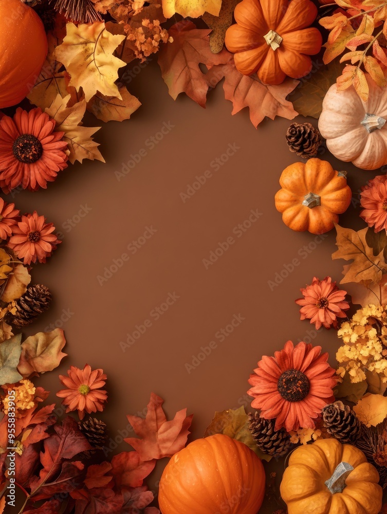 Happy Thanksgiving day concept. Vertical banner design with pumpkins, flowers, autumn decor on brown background. Flat lay, top view, copy space with generative ai Happy Thanksgiving day concept. Vertical banner design with pumpkins, flowers, autumn decor on brown background. Flat lay, top view, copy space with generative ai