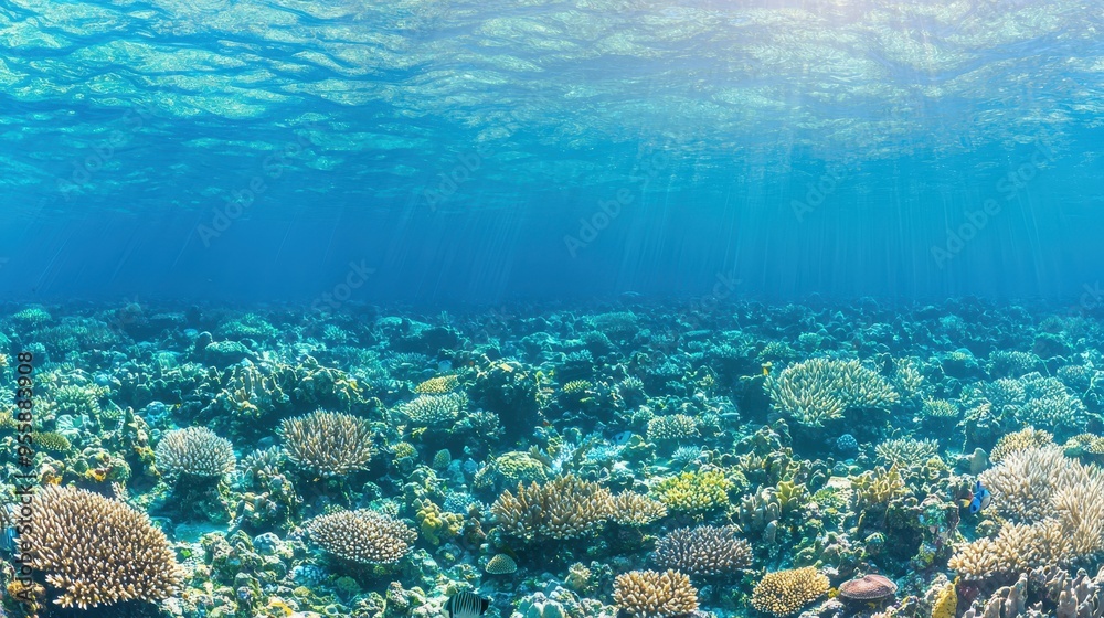 Obraz premium Underwater Coral Reef Scene with Sunbeams
