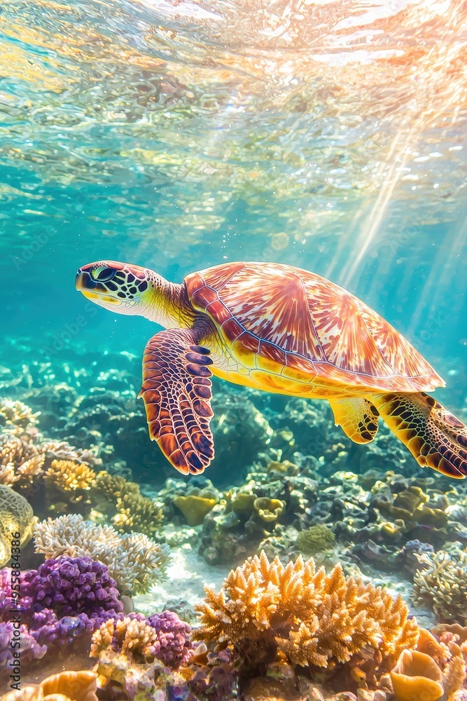 Obraz premium Sea Turtle Swimming Through Coral Reef in Sunlight