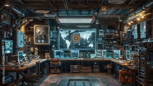 Futuristic Control Room with World Map Display