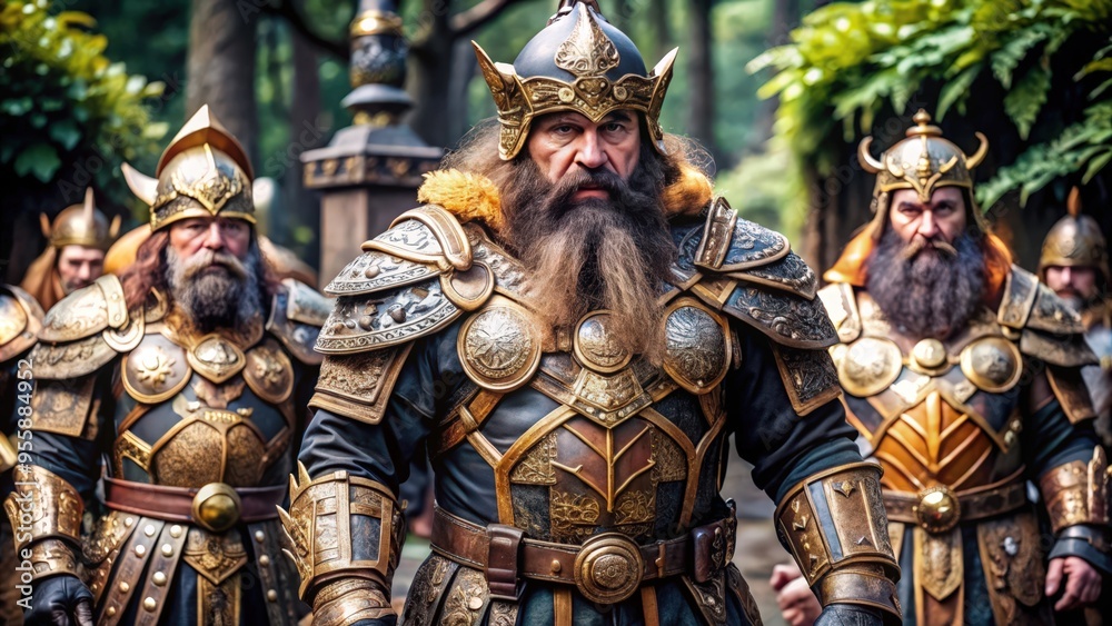Fototapeta premium A group of armored warriors with long beards and horned helmets