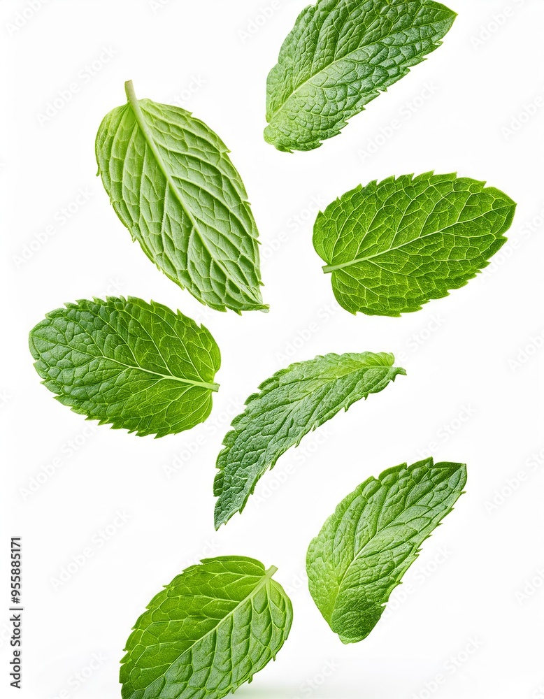 Mint leaves isolated on white background. Top view. Flat lay. Mint leaves isolated on white background. Top view. Flat lay.