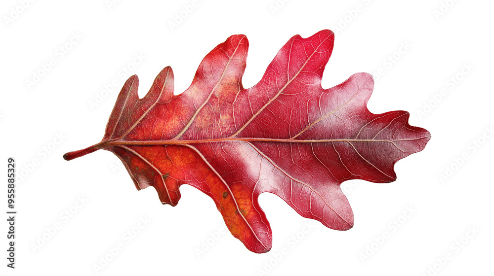 Fototapeta premium Red oak leaf isolated solid white background, detailed, PNG dicut style