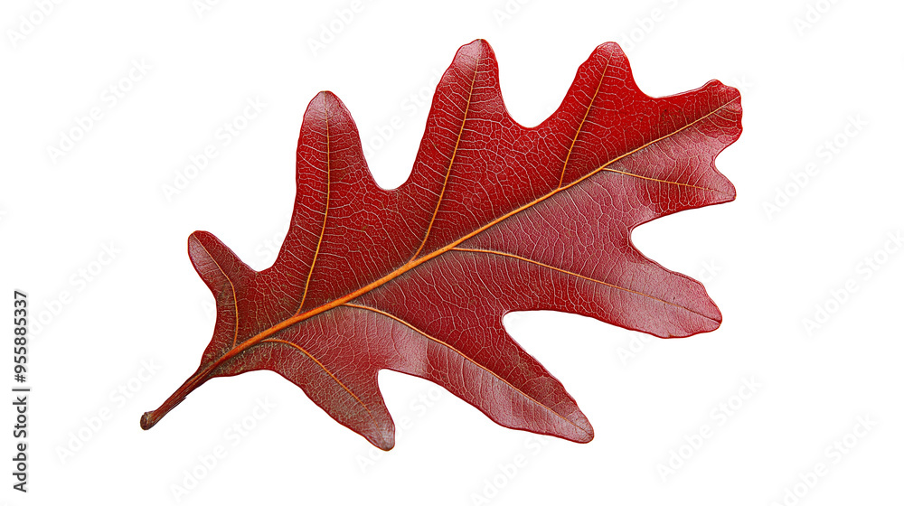 Fototapeta premium Red oak leaf isolated solid white background, detailed, PNG dicut style