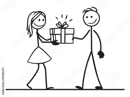 A black and white vector illustration of a stick figure of a woman giving a stick figure of a man a gift.