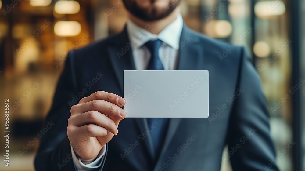 A man in a suit holding a blank white card. A man in a suit holding a blank white card.