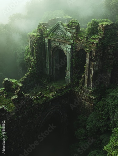 A majestic stone archway, once grand, now stands overgrown with nature, symbolizing the passage of time, the power of nature, and the beauty found in ruins. The misty atmosphere adds an air of mystery photo