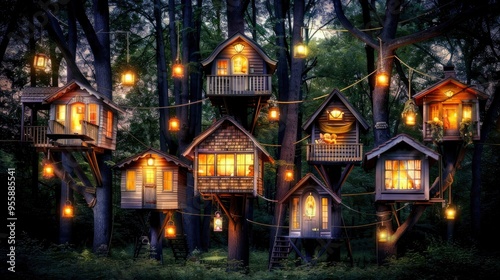 Enchanting Treehouse Village at Dusk