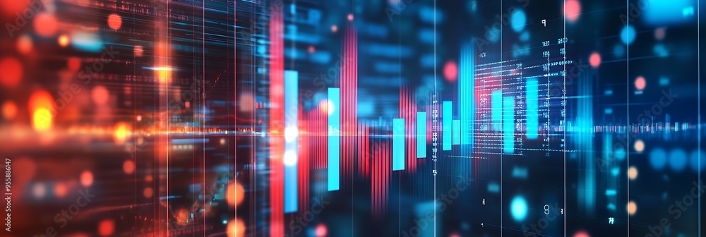 Obraz premium A dynamic, abstract depiction of financial data with glowing bar charts and line graphs in vibrant blue and red tones. The futuristic scene features bokeh effects and light trails.