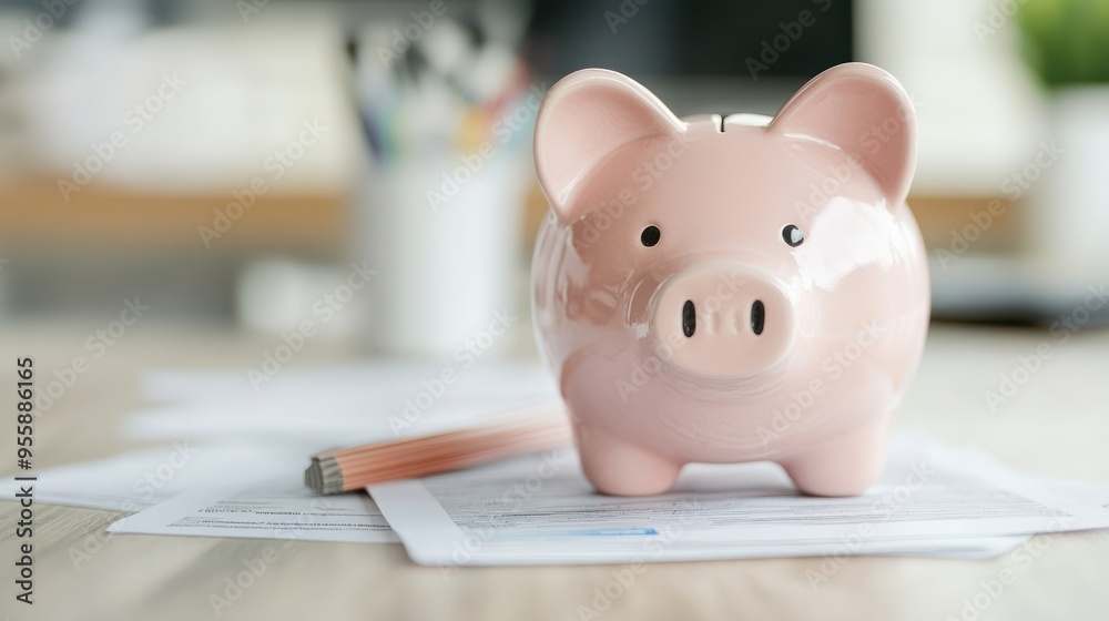 Child's piggy bank with parental debt bills, illustrating family financial impact