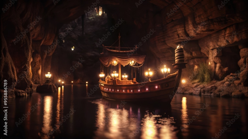 Obraz premium A Small Wooden Boat Adorned with Lanterns in a Dark Cave