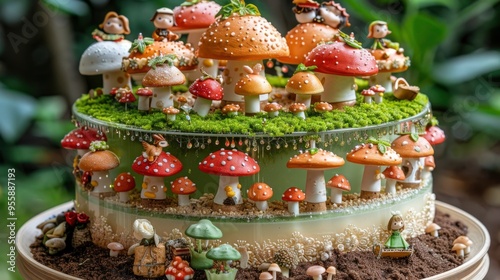 Whimsical Mushroom Cake with Miniature Figures in a Fairy Tale Setting