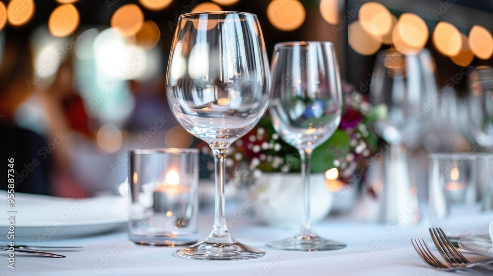 Elegant Wine Glasses Set on a Table in a Restaurant Elegant Wine Glasses Set on a Table in a Restaurant