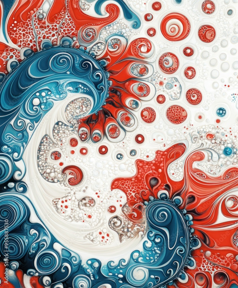 Fototapeta premium Abstract swirling patterns in vibrant colors, resembling waves and bubbles.
