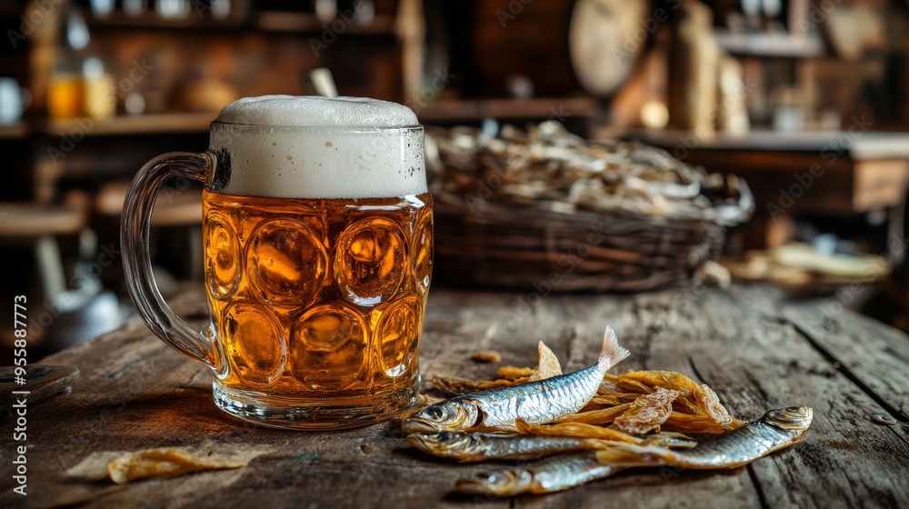 Beer mug and dried fish in rustic cafe. Beer and fish background Beer mug and dried fish in rustic cafe. Beer and fish background