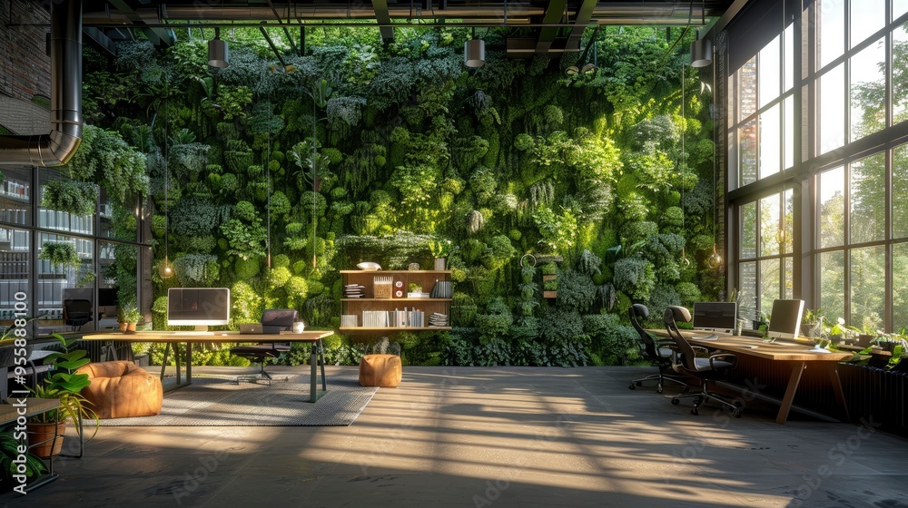 Modern Office with Green Wall and Natural Light Modern Office with Green Wall and Natural Light