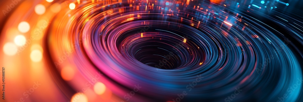 A vibrant, abstract spiral of colorful bars in warm oranges and cool blues creates dynamic contrast and energy. Soft bokeh effects add depth, making it ideal for themes of data visualization, tech.