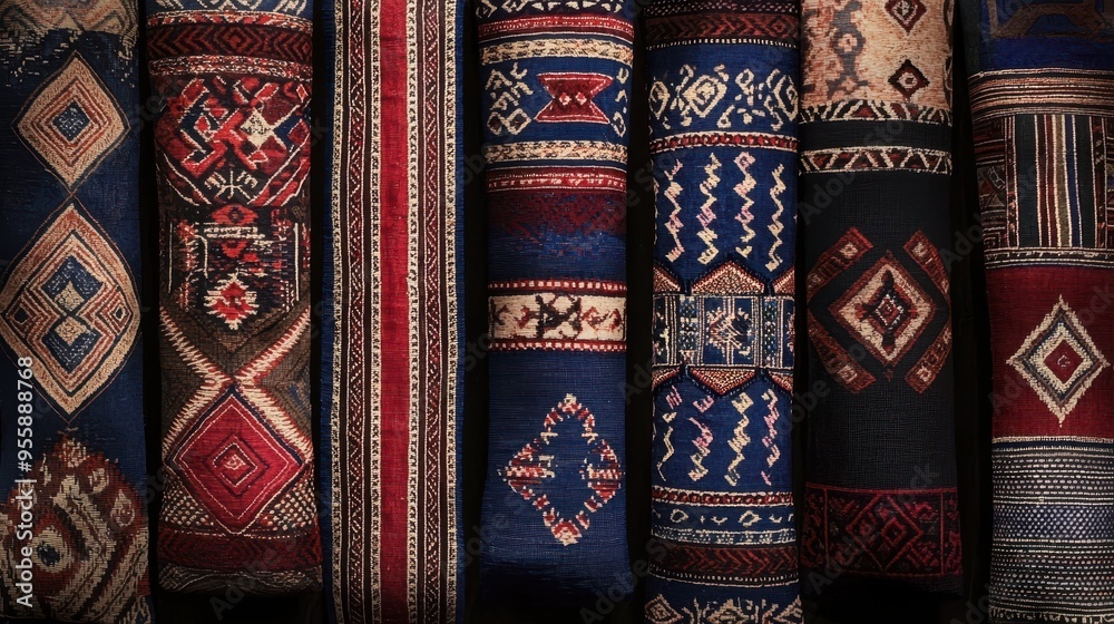Colorful Geometric Patterned Fabric Rolls on Black Background Colorful Geometric Patterned Fabric Rolls on Black Background
