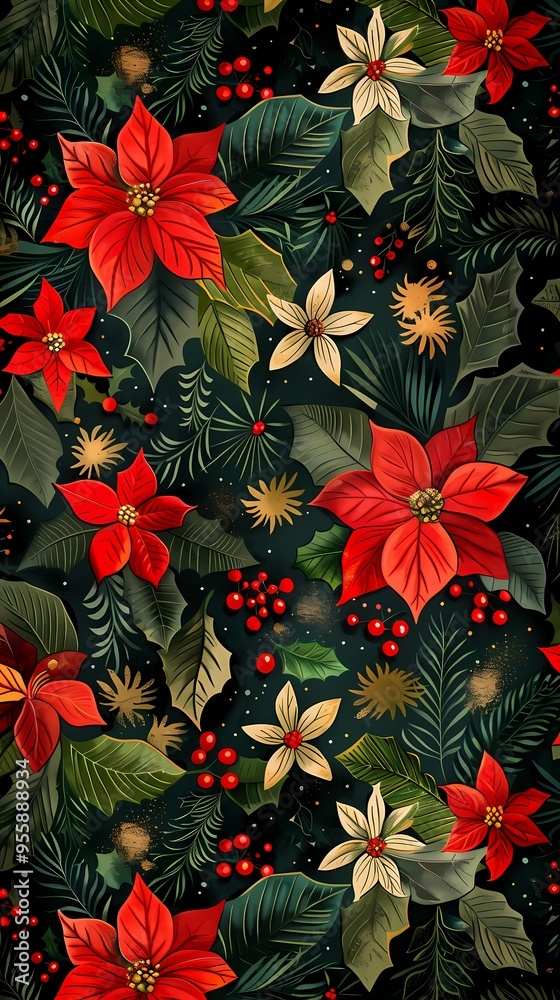 Retro red and green flowers plant pattern illustration poster background Retro red and green flowers plant pattern illustration poster background