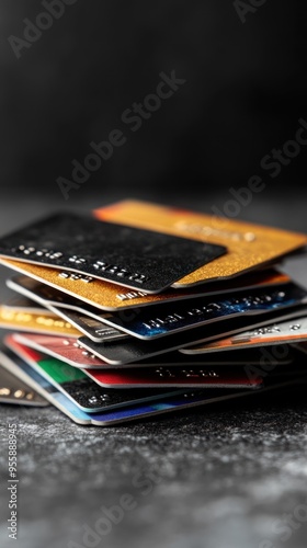 Stack of credit cards with high interest rates, symbolizing consumer debt