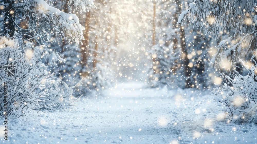 Winter Wonderland Snow Covered Trees and Falling Snow in a Forest Landscape Winter Wonderland Snow Covered Trees and Falling Snow in a Forest Landscape