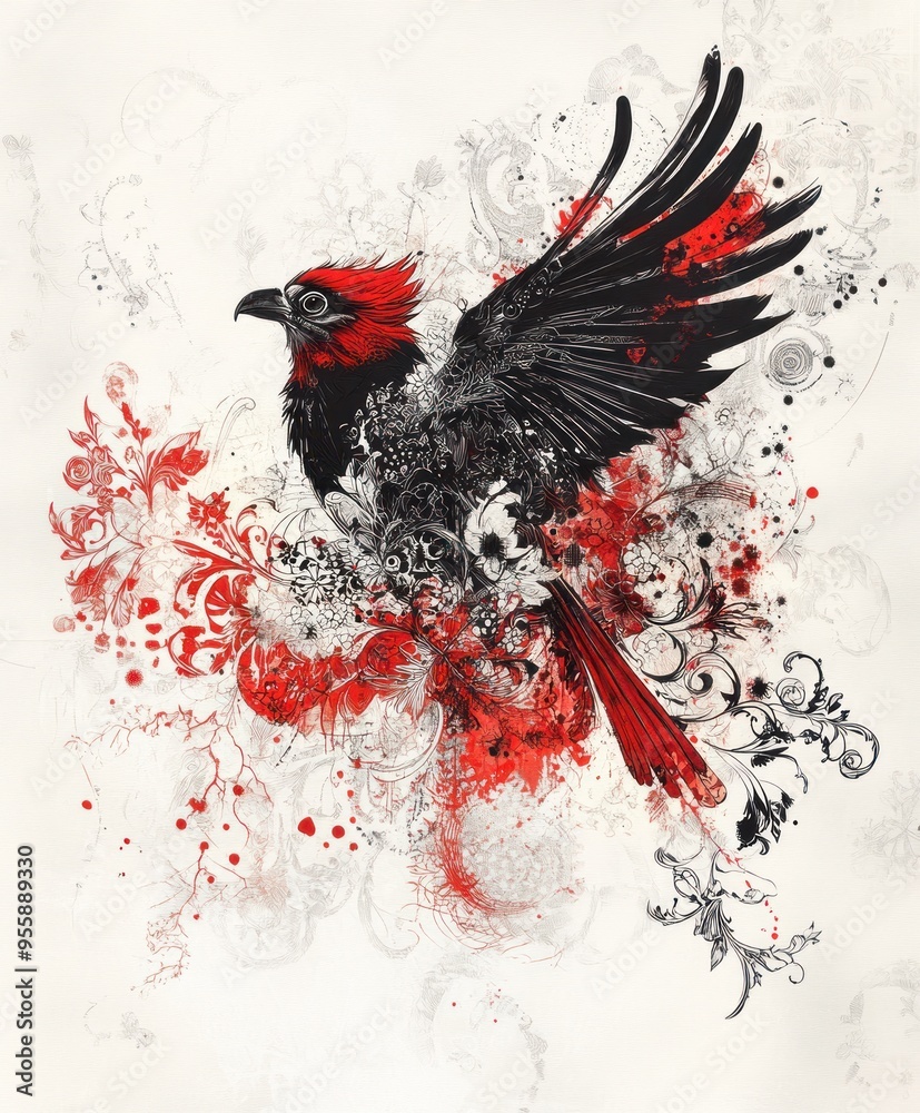 A stylized illustration of a bird with red accents amidst floral and abstract elements. A stylized illustration of a bird with red accents amidst floral and abstract elements.
