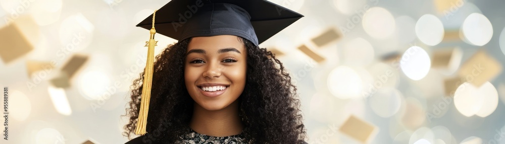 Young adult with student loan debt graduation cap, education financial burden