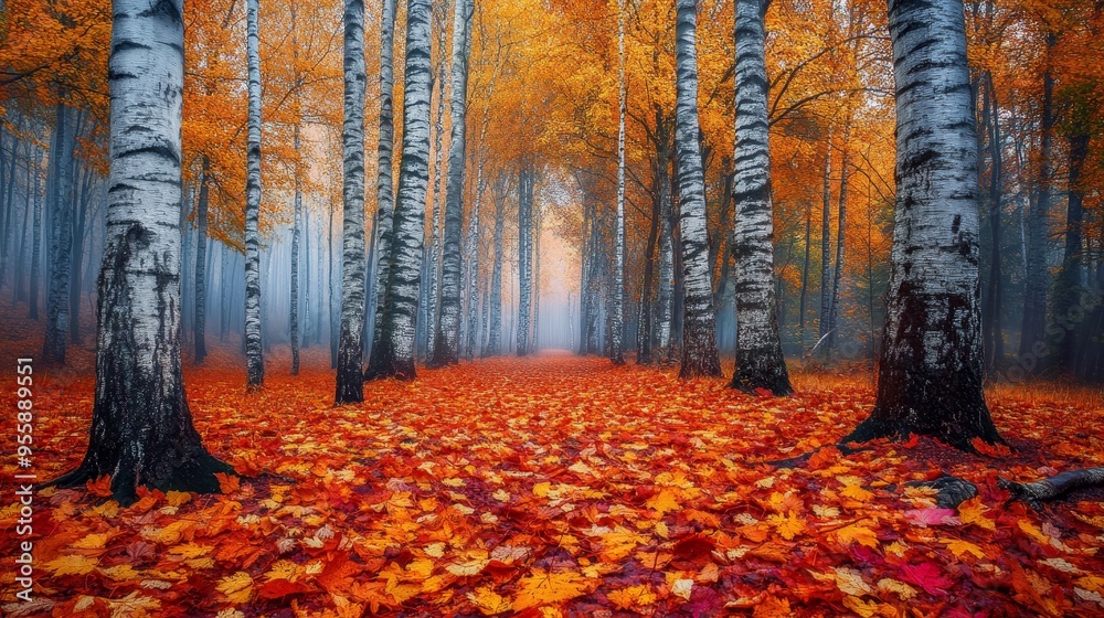 Fototapeta premium A picturesque scene of a birch tree forest in autumn, with a carpet of fallen leaves covering the ground and a path leading through the trees. The colors of the leaves range from vibrant red and orang