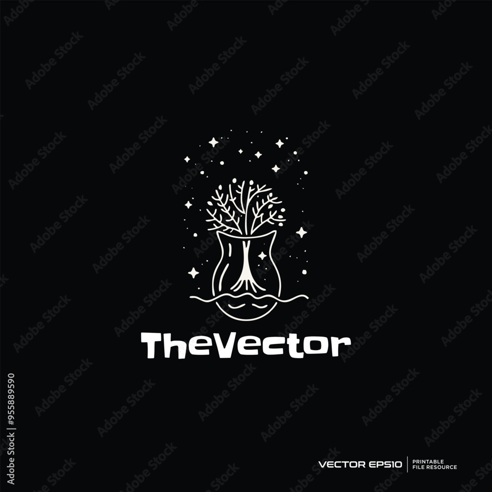 Tree and environment line with dark background, monochrome style logo, vector, mascot, character, cartoon, illustration, eps10
