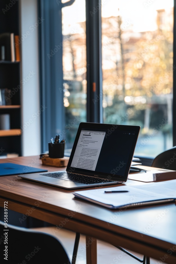 eneur. Laptop open on a sleek office desk eneur. Laptop open on a sleek office desk