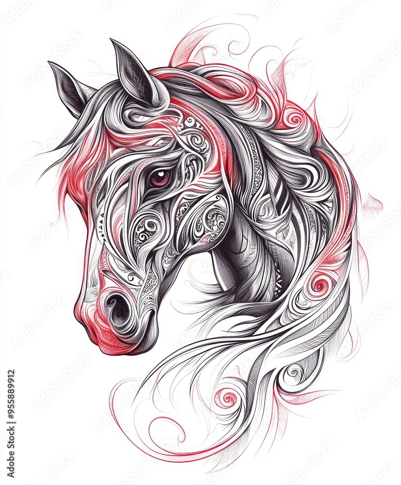 A stylized illustration of a horse's head with intricate designs and flowing mane. A stylized illustration of a horse's head with intricate designs and flowing mane.