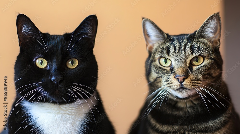 Charming Interaction Between a Black Cat with a White Chest and Chin and a Tabby Cat. Charming Interaction Between a Black Cat with a White Chest and Chin and a Tabby Cat.