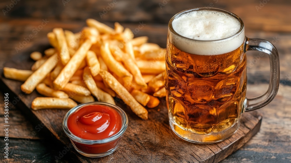 Beer mug and french fries with ketchup. Beer and fries background Beer mug and french fries with ketchup. Beer and fries background