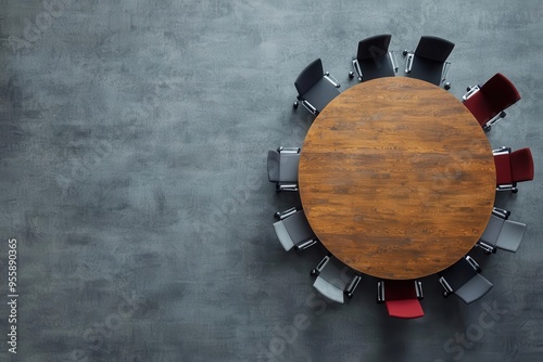 A circular table with professionals from various backgrounds sharing ideas, illustrating equal communication and cultural harmony in business practices, roundtable discussion photo