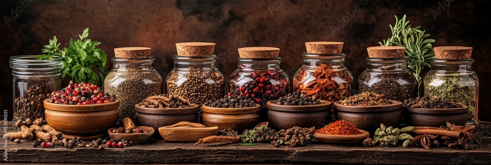 Fototapeta premium A rustic table scene featuring a collection of assorted spices and herbs in glass jars with cork lids. The spices include peppercorns, coriander seeds, dried chili flakes, and more.