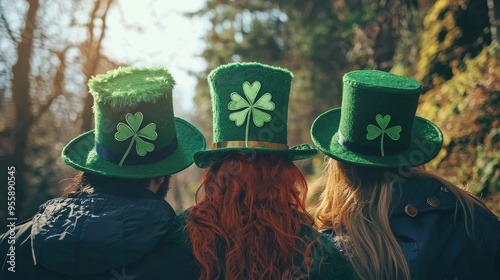 4h group of three friends wearing green hats with clover photo