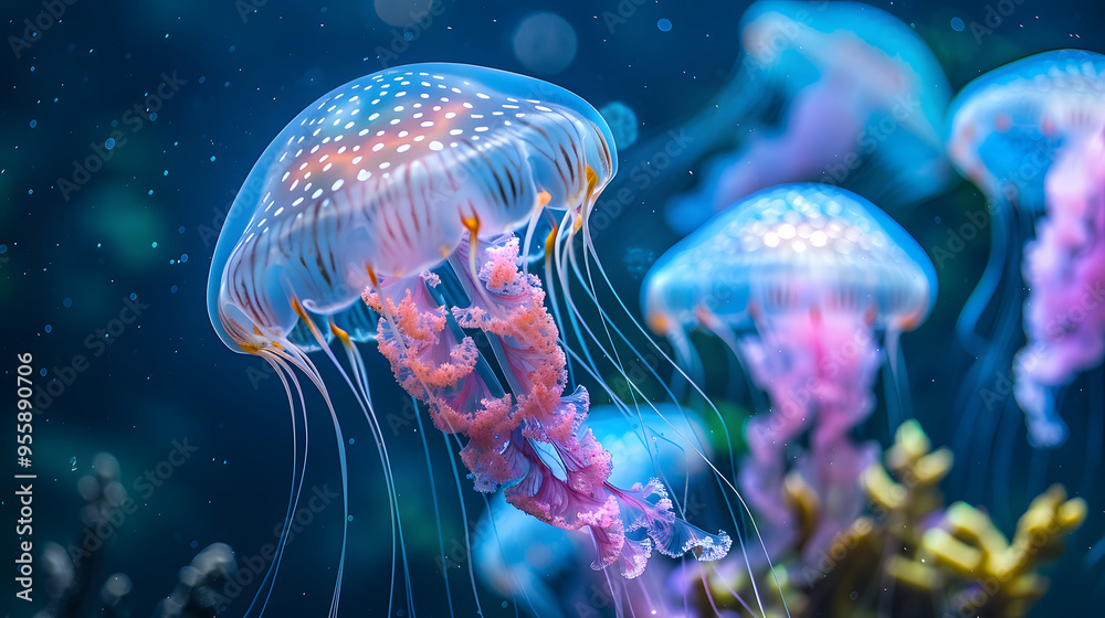 jellyfish in deep blue ocean jellyfish in deep blue ocean