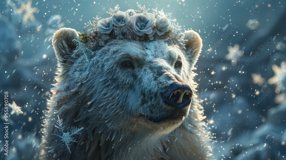 Polar Bear with a Flower Crown in Winter Wonderland Polar Bear with a Flower Crown in Winter Wonderland