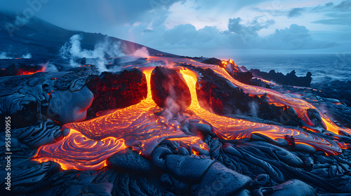  lava flowing from a volcano at dusk