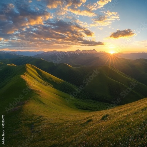 Panoramic view of the green mountains and hills at sunset. Gumbashi Pass in North Caucasus, Russia. Beautiful summer landscape photo