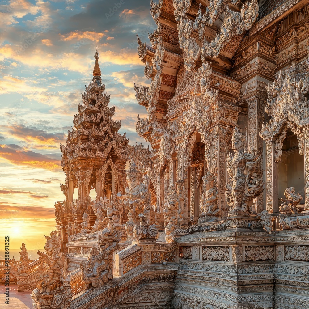 Intricate Carvings of a White Temple in Thailand at Sunset