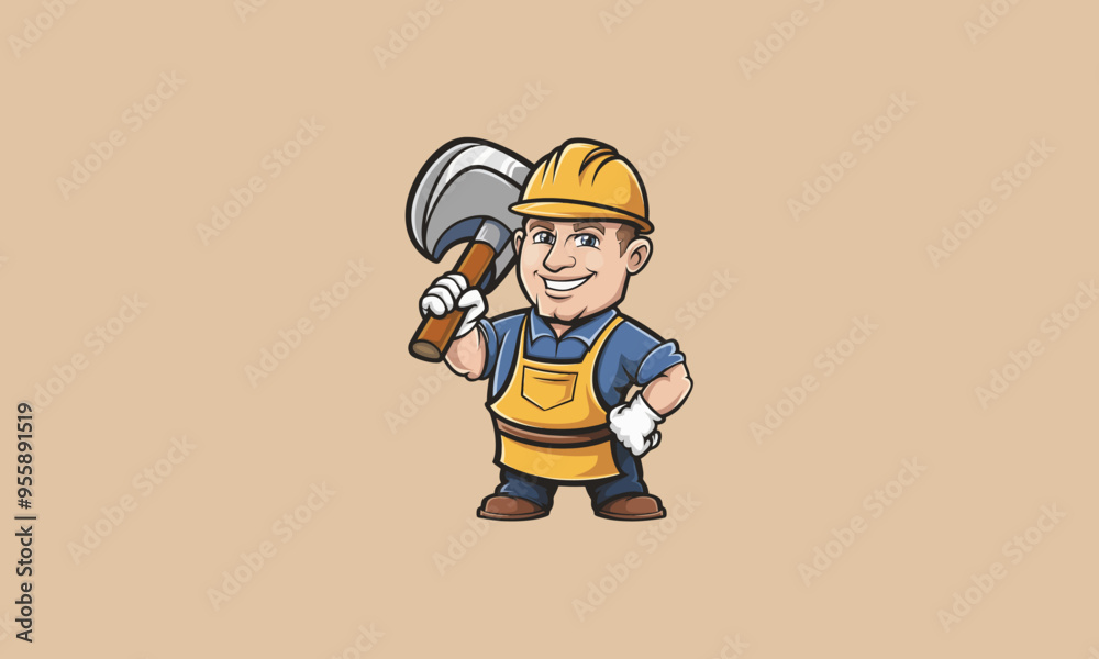 A cartoon construction worker holding an axe and smiling confidently. A cartoon construction worker holding an axe and smiling confidently.